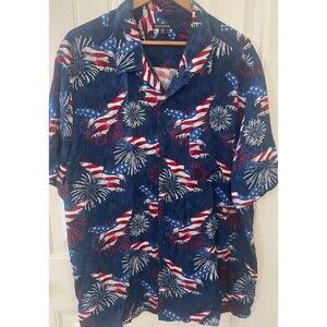 George Mens Sz 2XL Button Shirt Rayon Red White Blue Patriotic Eagle Fireworks